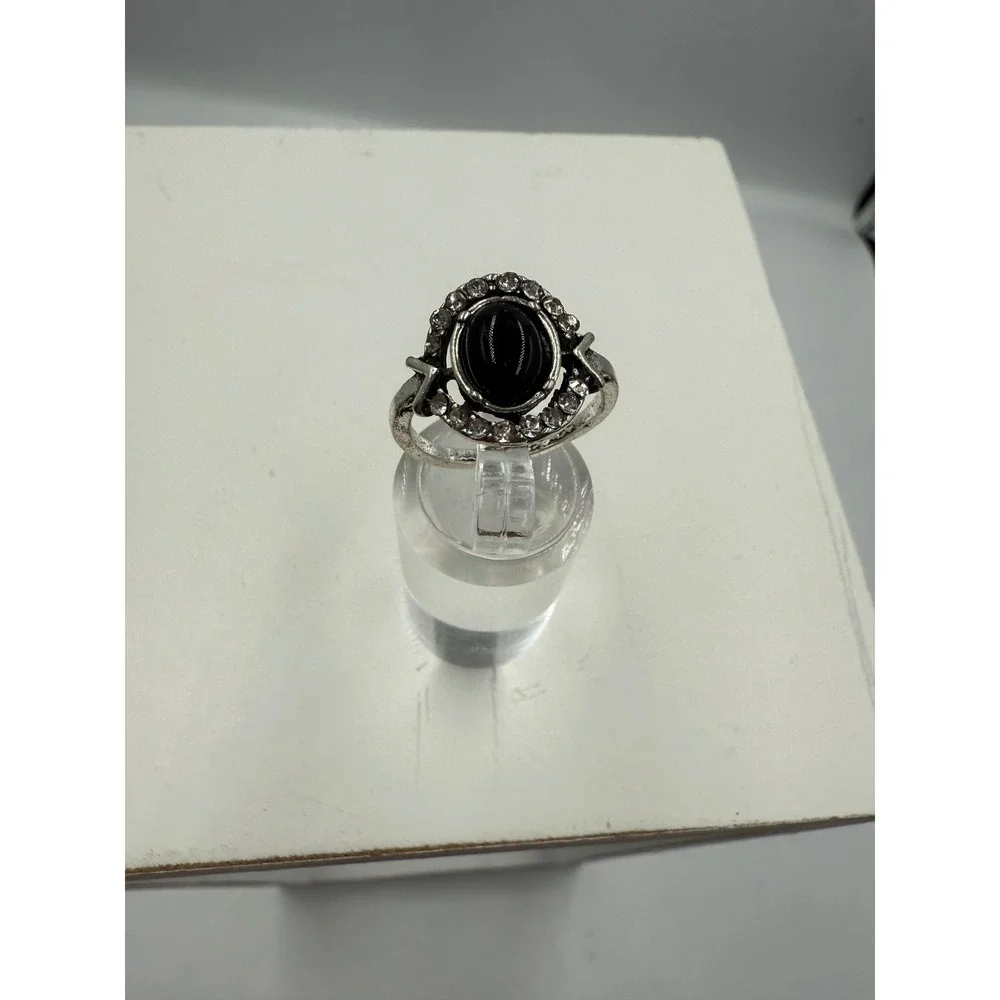 Vintage Style Black Cabochon Rhinestone Halo Silver Tone Statement Ring Sz 6.25